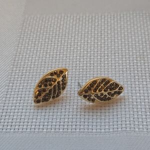 Vintage Gold Leaf Earrings With Brown Gems